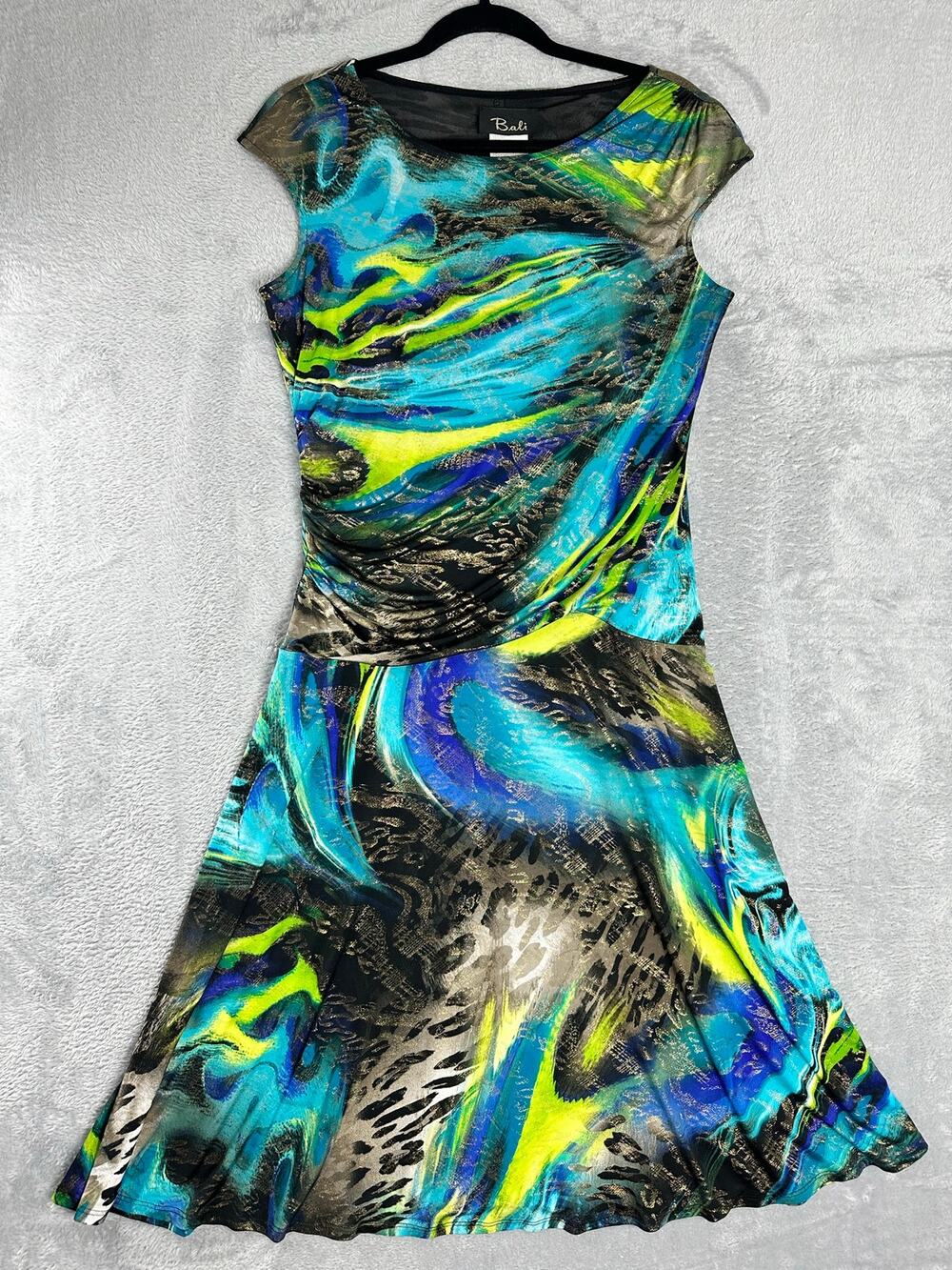 Y2K Vibrant Abstract Animal Print Midi Swing Dress Cap Sleeves Indie Sleaze 12